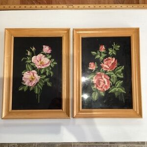 2 X Framed VTG Needlepoint Flower Floral Artwork Wooden Frame 16” X 11.5”